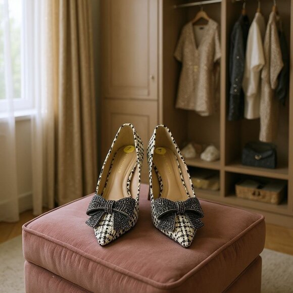 BCB Generation Womens Tweed Heeled Dress Shoes Beaded Bow 7M - Picture 2 of 6